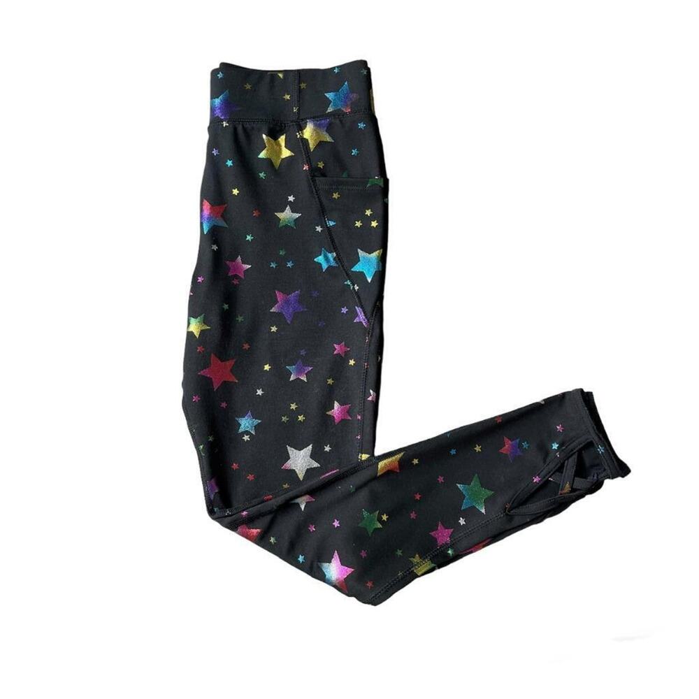 NWOT Girls L 10-12 Athletic Works Black Rainbow Foil Star Ankle Leggings